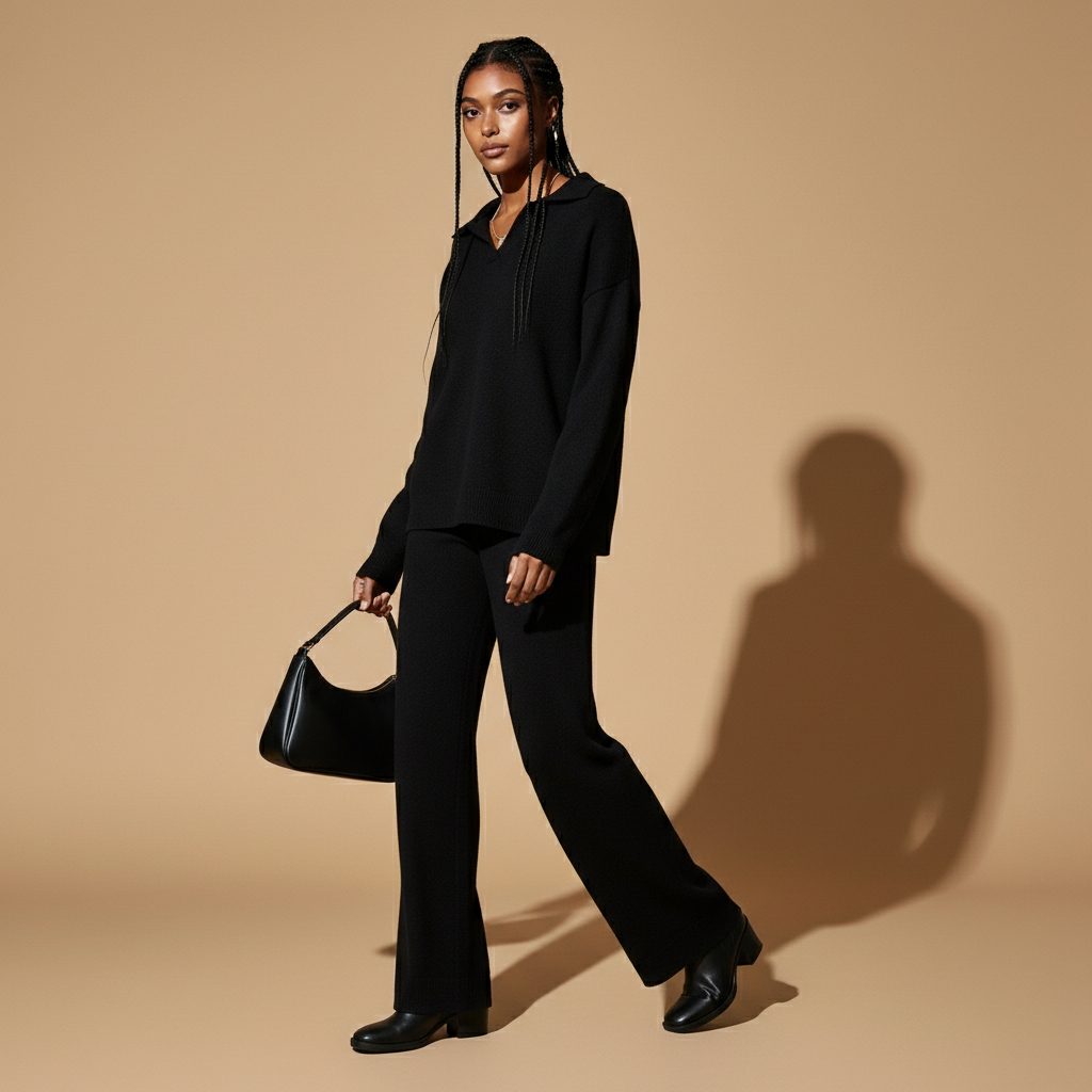 Knit co ord set in black worn by a standing model angled slightly to the side, showing a loose polo neck sweater, relaxed shoulder drop, wide leg trouser silhouette, smooth knit drape, full-length trousers, and hem covering the shoe upper