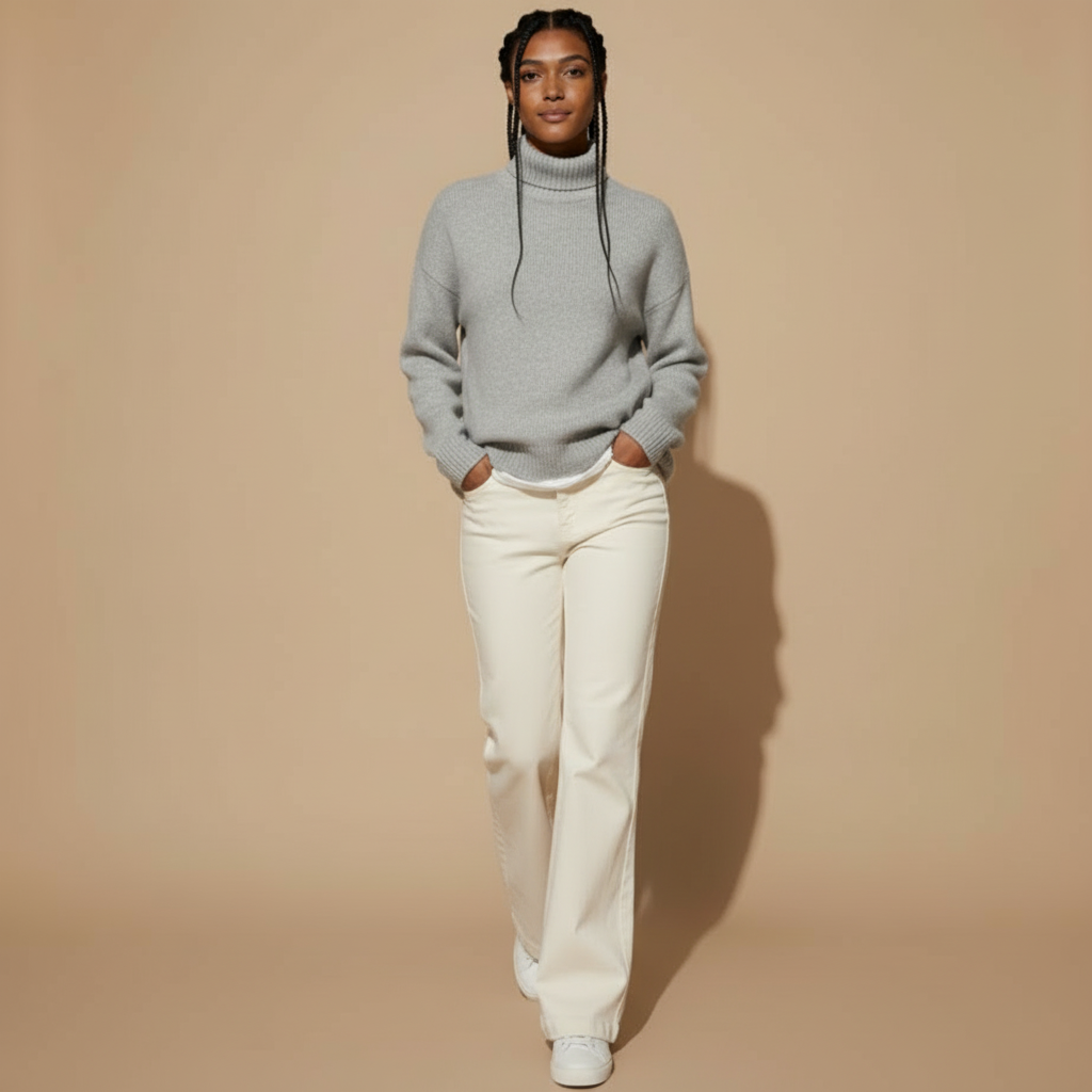 Roll neck oversized jumper in gray shown from the front on a standing model, highlighting the oversized fit and high roll neck