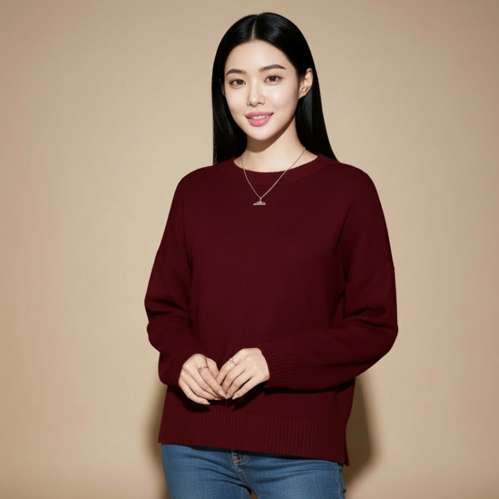 Oversized fluffy jumper in dark red worn by a seated model, showing the loose fit and smooth knit finish