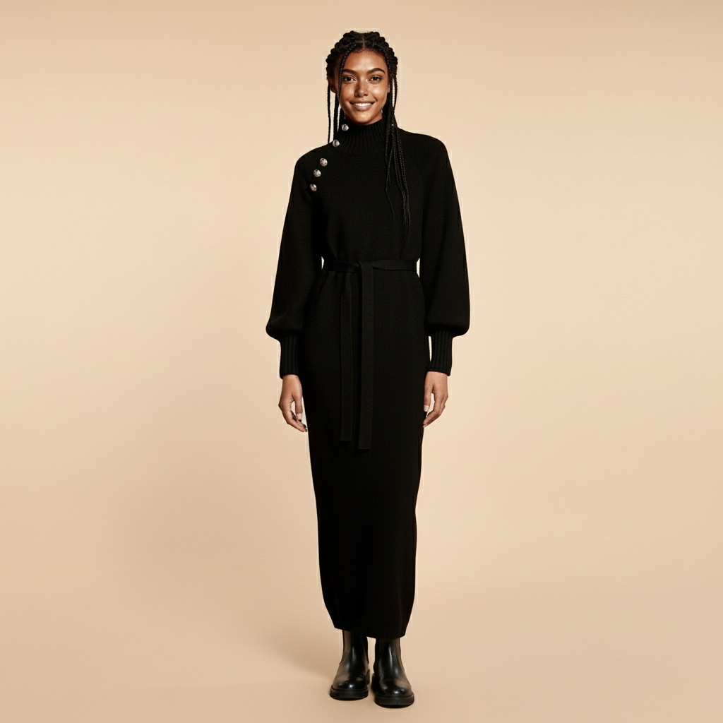 Knitted jumper dress in black worn by a standing model facing front, showing a sculpted high neck, ribbed texture, long sleeves with ribbed cuffs, waist belt tie, shoulder button accents, and full-length modest fit
