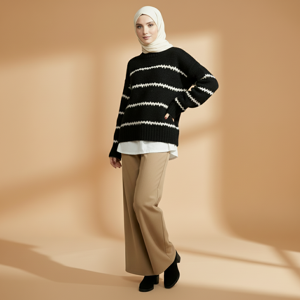 Striped crewneck jumper in black worn by a standing model, showing horizontal white stripes, loose fit, and crew neckline