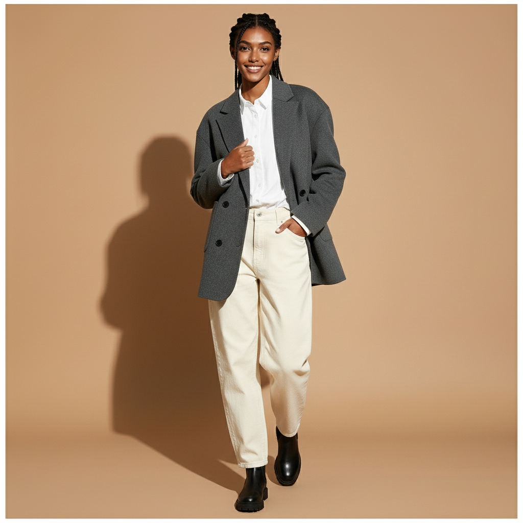 Double breasted blazer in Grey worn by a standing model, showing a relaxed tailored shape, wide lapels, double button front, long straight sleeves, and softly structured drape