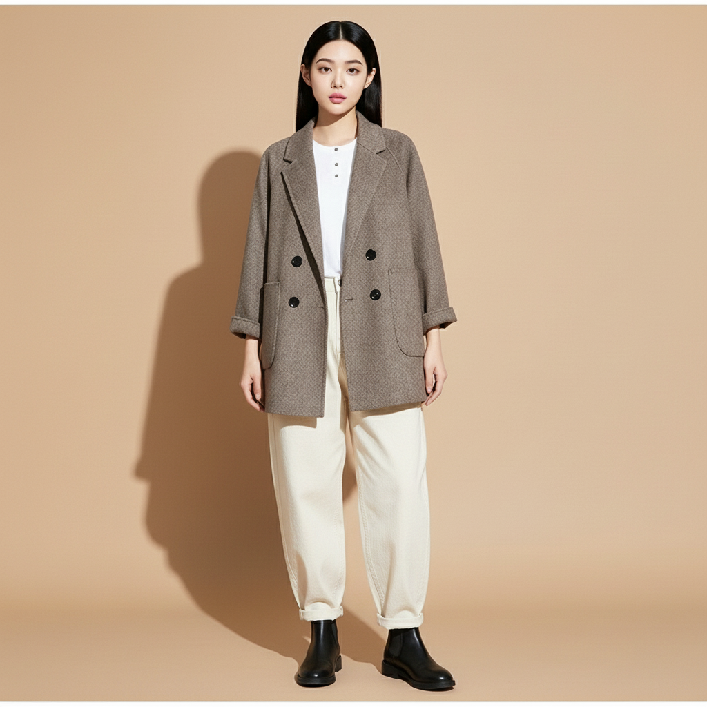 Short wool blend jacket in brown or dark coffee worn by a standing model, showing a boxy fit, double-breasted fastening, wide lapels, rolled sleeve cuffs, and straight hem