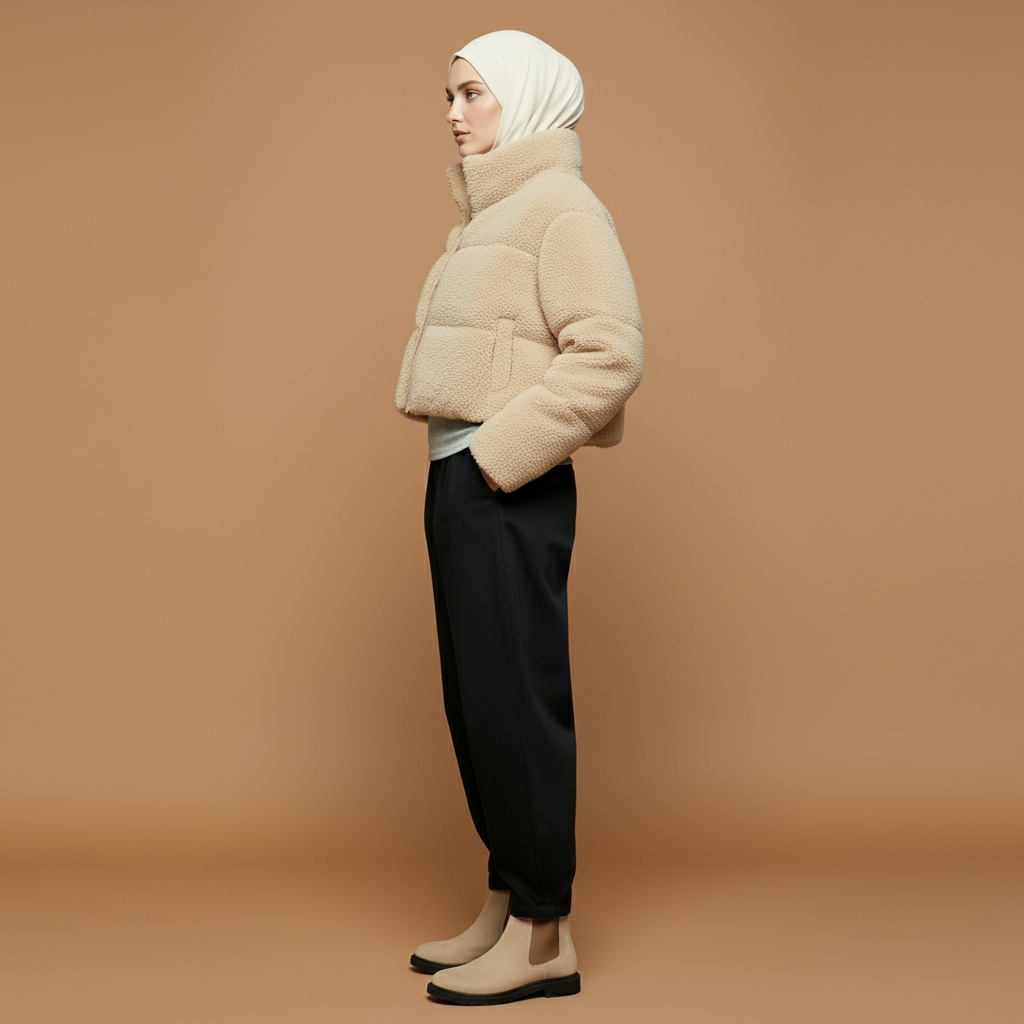 Sherpa fleece jacket in light beige shown in side profile, showing a cropped length, raised stand collar, rounded sleeve shape, textured fleece surface, and straight hem