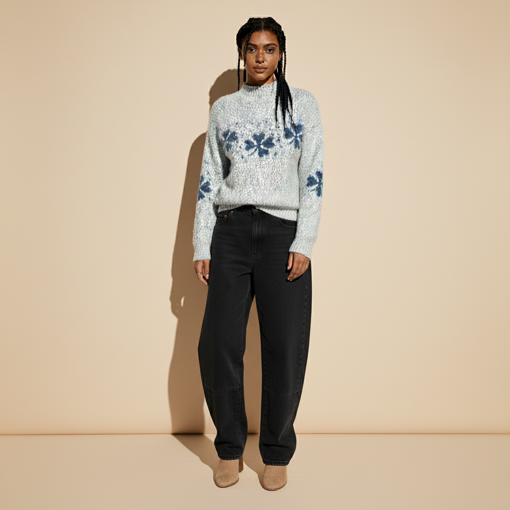 Mock neck snowflake jumper in light Grey worn by a standing  model on a stool, showing blue jacquard snowflake pattern, thick knit texture, long sleeves, and relaxed fit.