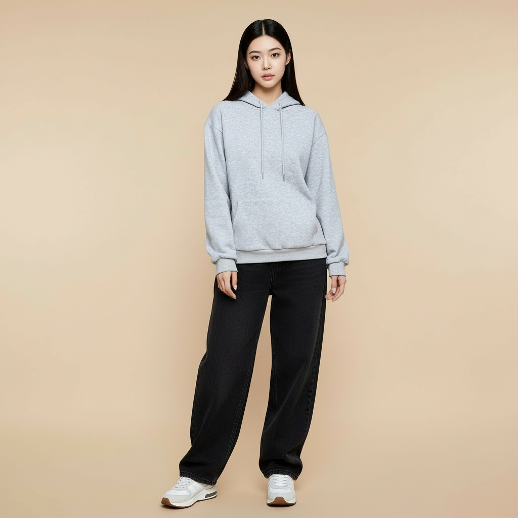 Loose fit hoodie in light Grey worn by a standing model, showing a relaxed silhouette, long sleeves, front hood with drawstrings, and straight hem