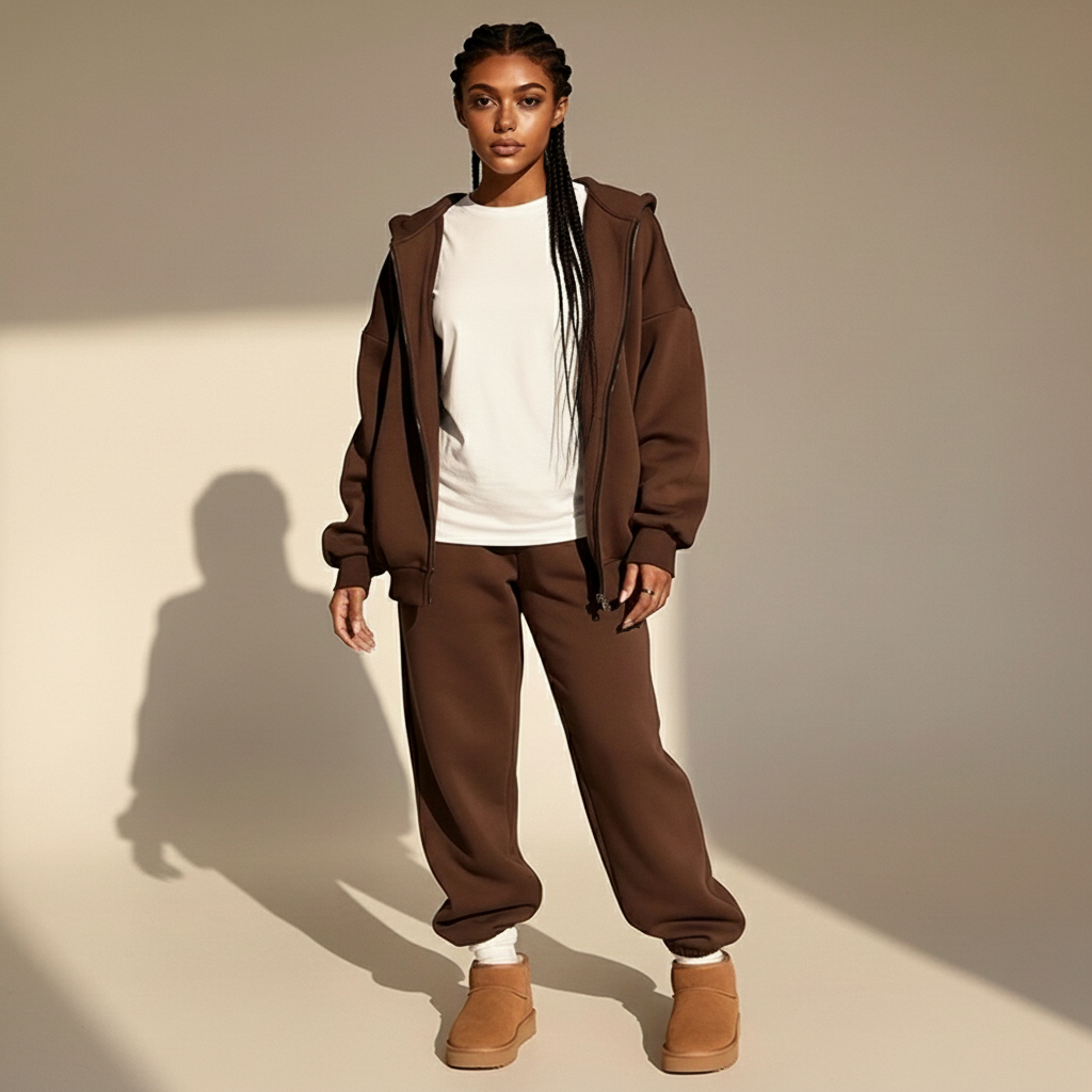 Hoodie and jogger set in brown worn by a standing model facing front, showing an oversized zip-front hoodie, relaxed shoulder line, straight wide-leg joggers, elastic waistband, full-length legs, and ankle-high footwear visible below the hem
