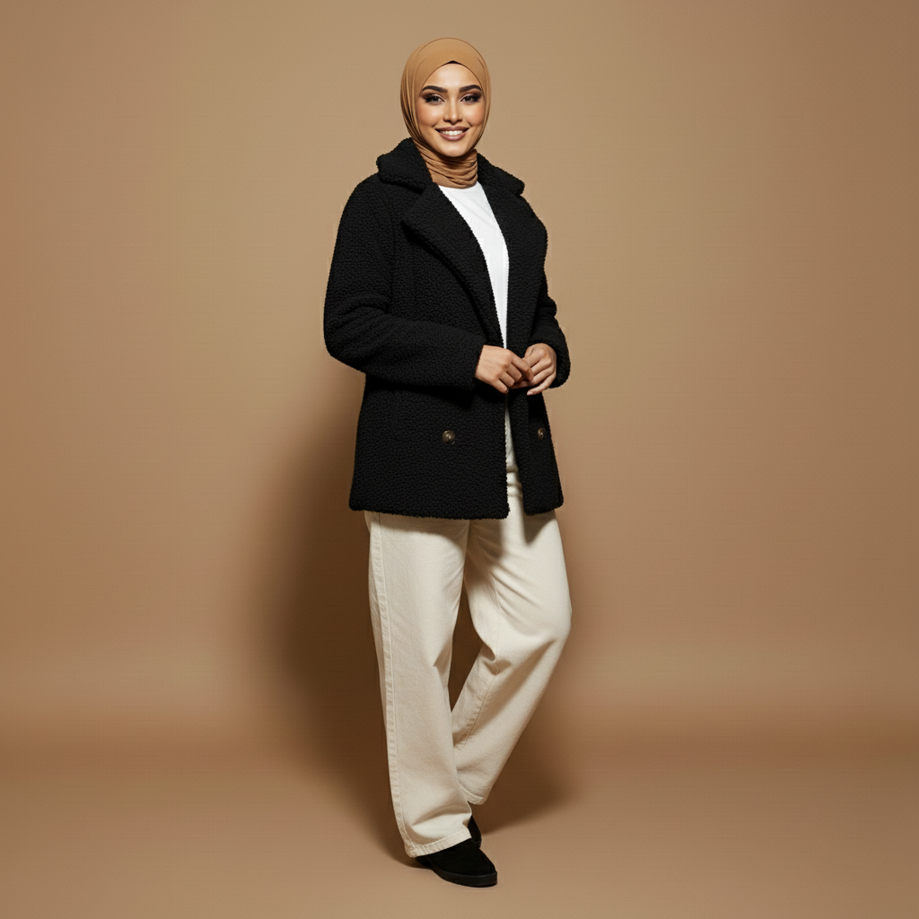 Teddy fleece jacket in black worn by a standing model at a three-quarter angle, showing a relaxed silhouette, double-breasted buttons, wide lapel collar, long sleeves, and straight hem