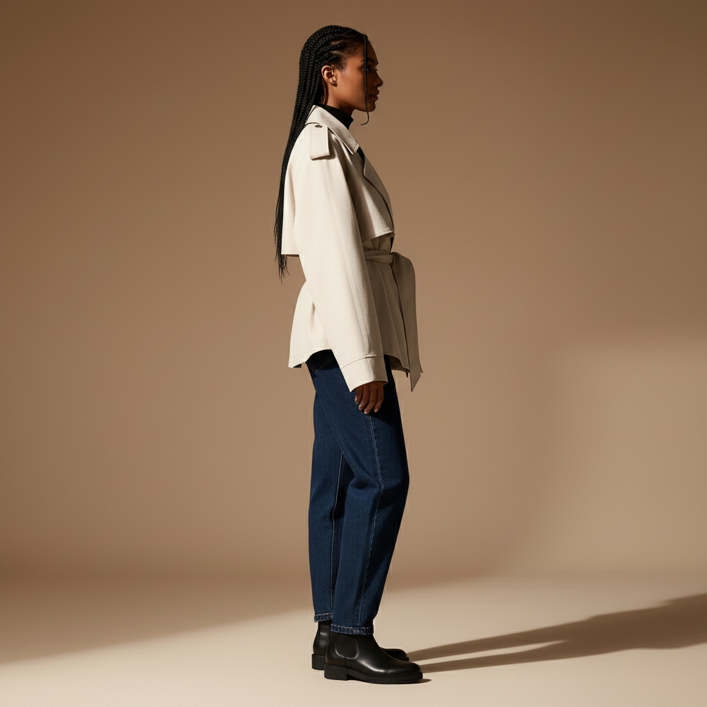 Short trench jacket in light beige or tan shown in side profile on a standing model, highlighting the wrap construction, belted waist shaping, wide lapel collar, long sleeves, and cropped length