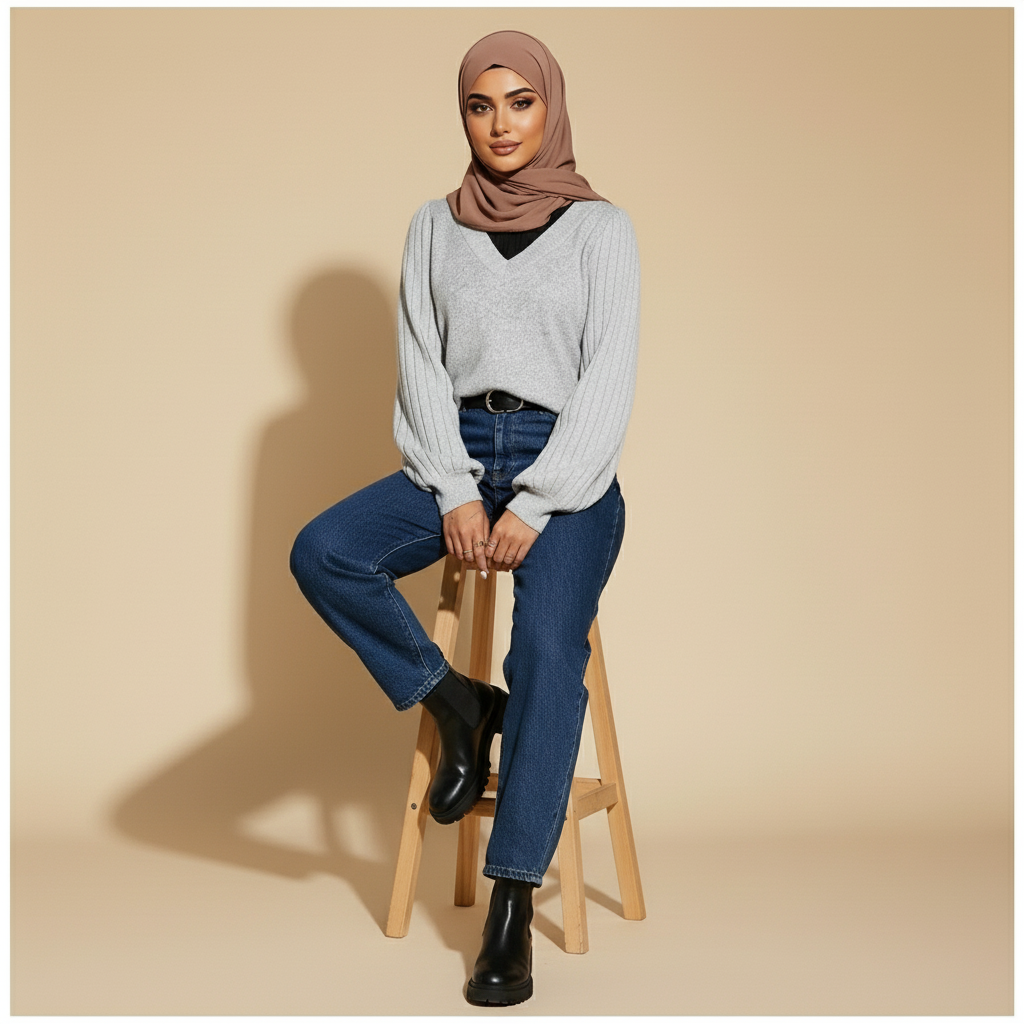 V-neck jumper with balloon sleeves in light Grey worn by a seated hijabi model on a stool, showing ribbed long sleeves, soft knit texture, relaxed fit, and modest layered neckline.
