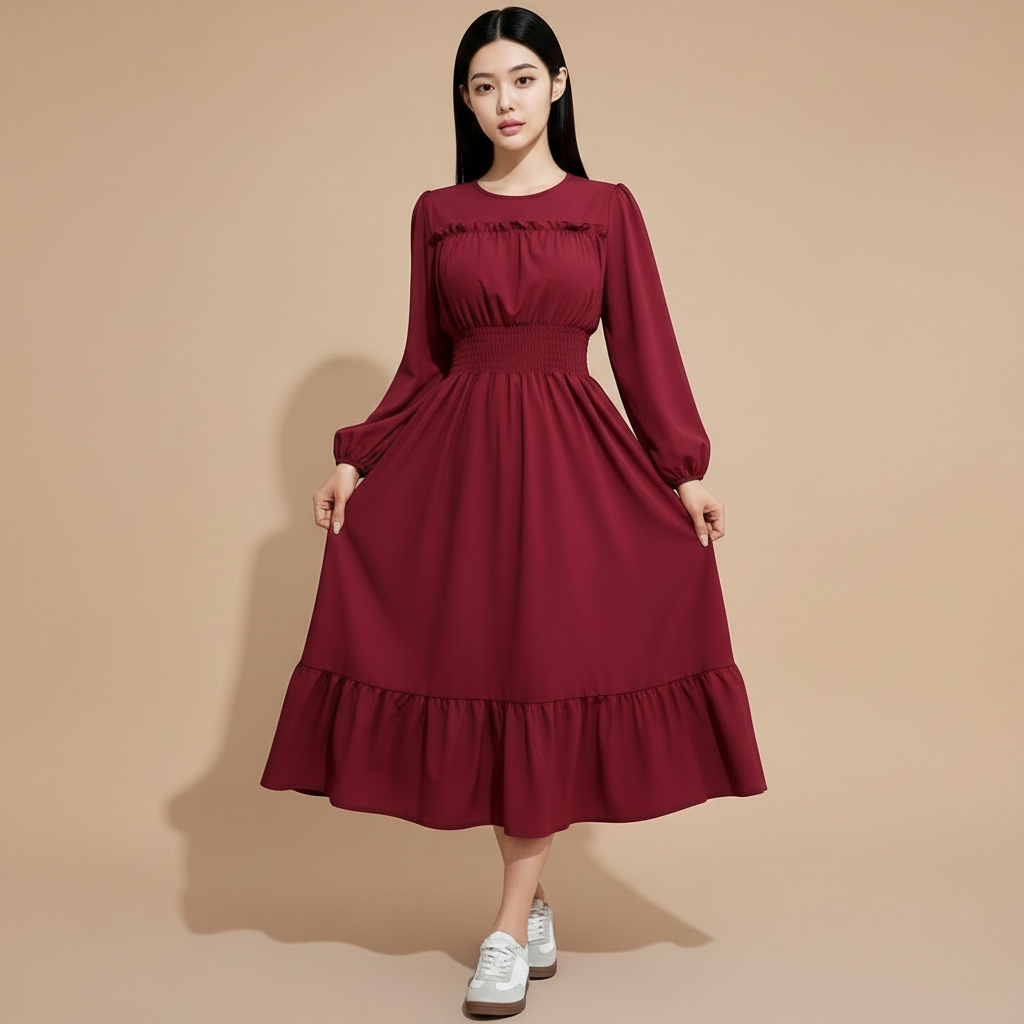 Shirred waist maxi dress in burgundy worn by a standing model facing front, showing a round neckline, long sleeves with gentle volume, defined shirred waistline, flowing pleated skirt structure, full-length coverage, and wide lotus hem detail
