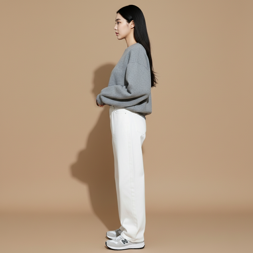 Ecru wide leg jeans in white worn by a standing model in side profile, showing a high waist line, straight wide leg fall, clean side seam, full-length hem, and untapered silhouette