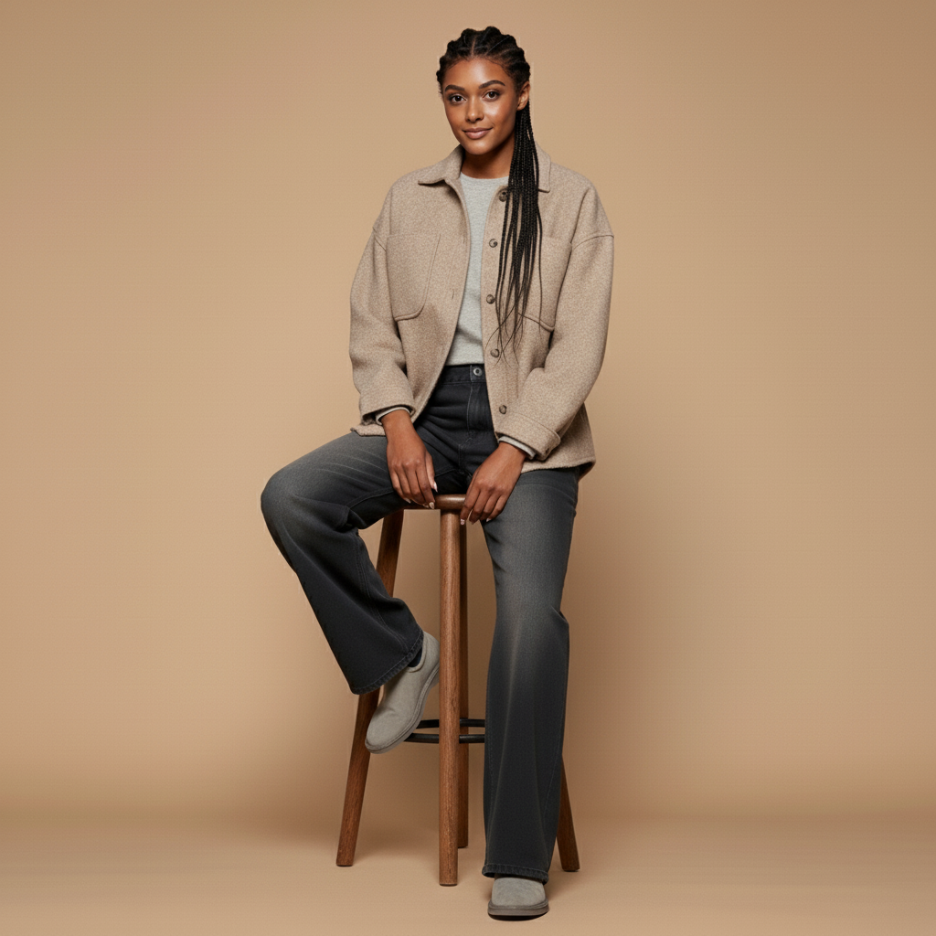 Dark blue wide leg jeans in dark blue worn by a seated model facing front, showing a high-rise waistband, loose wide leg shape, relaxed drape at the thighs, full-length legs, and hem falling naturally over footwear