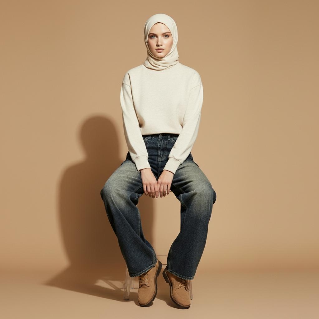 Loose fit wide leg jeans in dark blue worn by a seated hijabi model facing front, showing a high waist, relaxed wide-leg cut, full-length hem resting at the ankles, classic five-pocket design, and dark washed denim surface