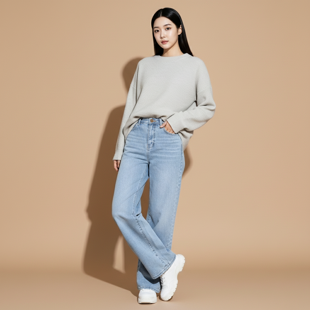 Wide leg jeans in light blue worn by a standing model facing slightly forward, showing a high waist, loose straight wide leg cut, vintage wash finish, clean front seam lines, full-length coverage, and hem falling over shoes