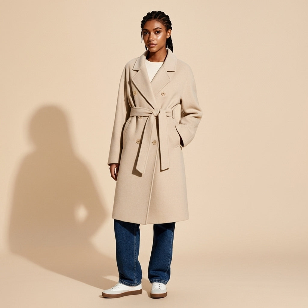 Wool blend longline coat in light beige worn by a standing model facing front, showing a double-breasted closure, wide lapel collar, self-tie belt at the waist, smooth tailored finish, long sleeves, and hem falling below the knee