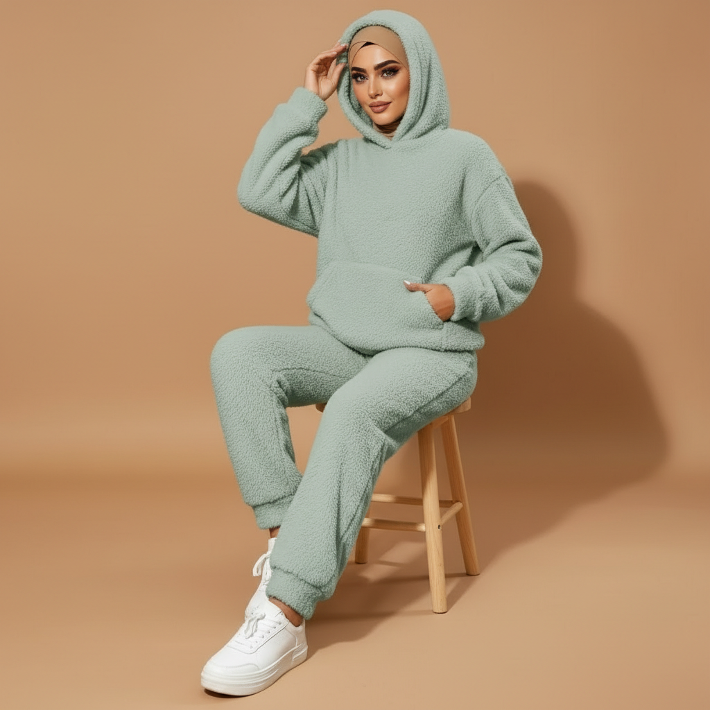 Co-ord loungewear set in mint green worn by a seated hijabi model facing front, showing a textured fleece hoodie with relaxed hood shape, loose long sleeves, front pocket detail, matching joggers with elasticated hems, full-length legs, and soft fabric drape over footwear