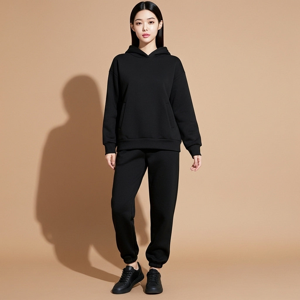 Wide leg tracksuit set in black worn by a standing model facing front, showing a minimalist pullover hoodie with hood, clean oversized silhouette, long sleeves with ribbed cuffs, matching full-length joggers with elasticated ankles, straight relaxed leg shape, and uniform matte finish