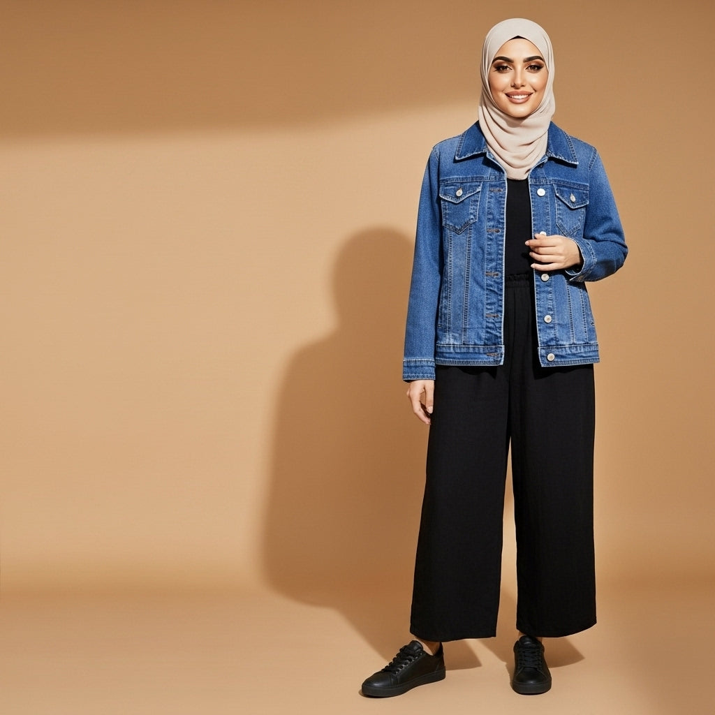 Denim jacket in dark blue worn by a standing model, showing a classic fit, single-breasted front, turn-down collar, chest flap pockets, long sleeves, and straight hem