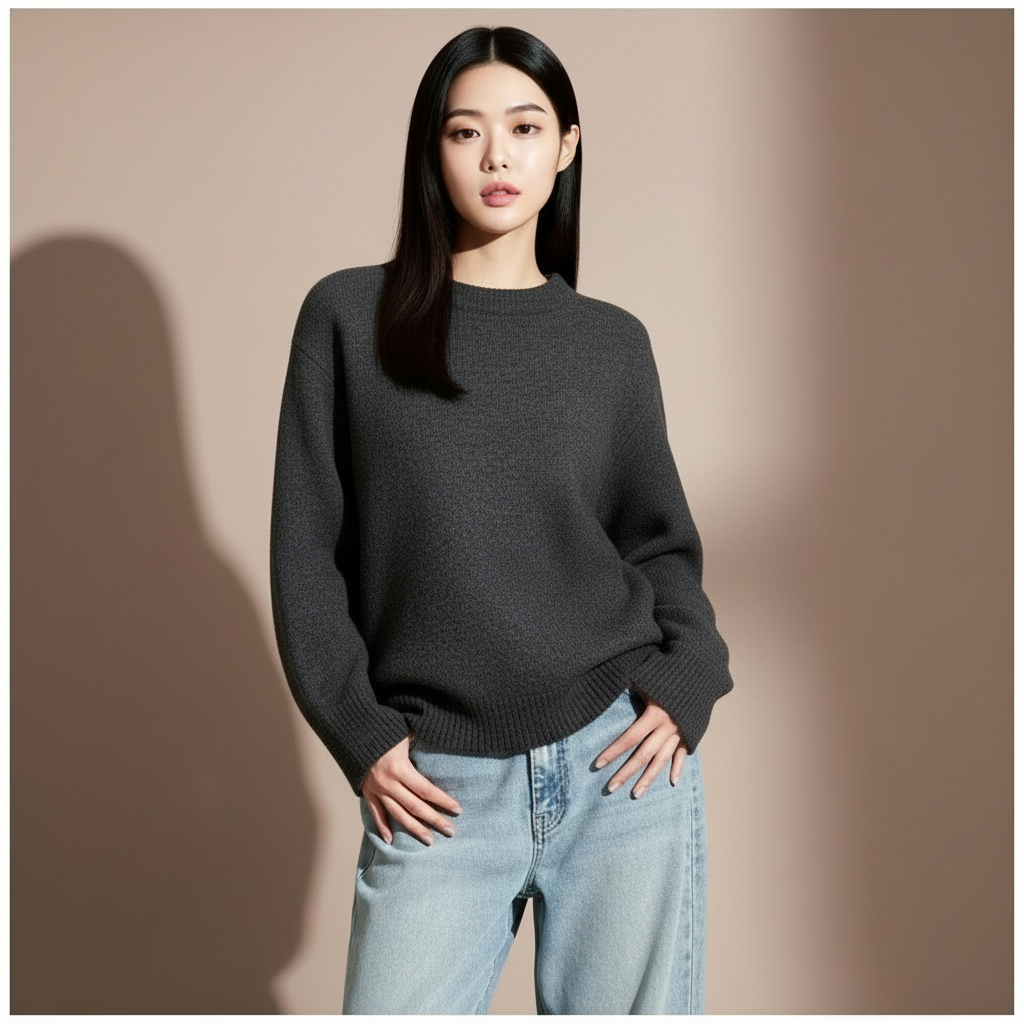 Oversized crewneck jumper in black Grey worn by Standing  model, showing a loose silhouette, long sleeves, and ribbed hem