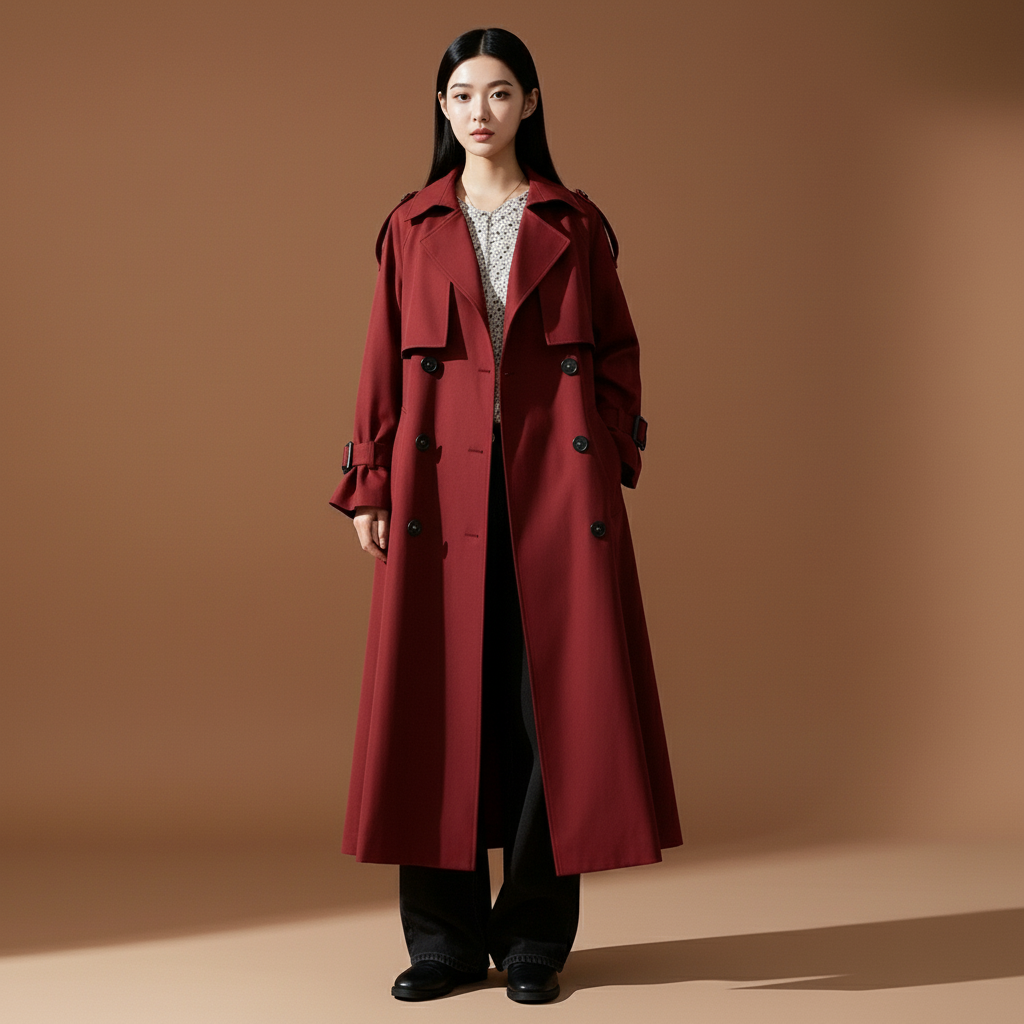 Longline trench coat in deep red worn by a standing model facing front, showing a double-breasted design, wide lapels, storm flap detail, long sleeves with buckle accents, full-length flowing silhouette, and hem extending to mid-calf