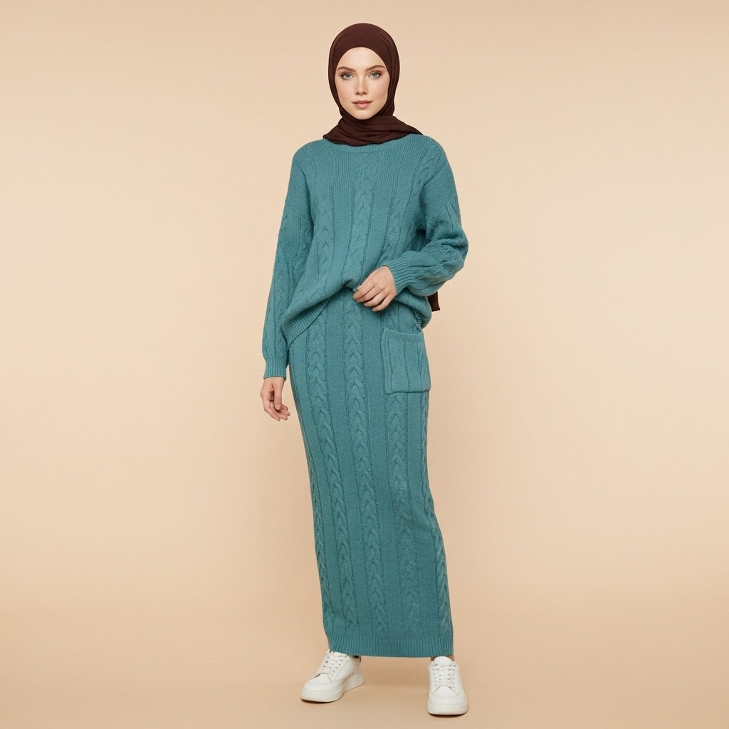 Knit skirt co-ord set in deep green blue worn by a standing model facing front, showing a cable-knit long-sleeve top, straight maxi skirt, vertical knit texture, side patch pocket, ribbed cuffs, and ribbed hem