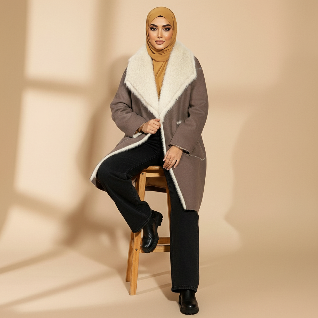 Faux shearling coat in taupe brown worn by a seated hijabi model facing front, showing a wide faux shearling collar framing the neckline, straight relaxed fit through the body, visible front trim detail, full-length sleeves, and longline hem draping naturally while seated