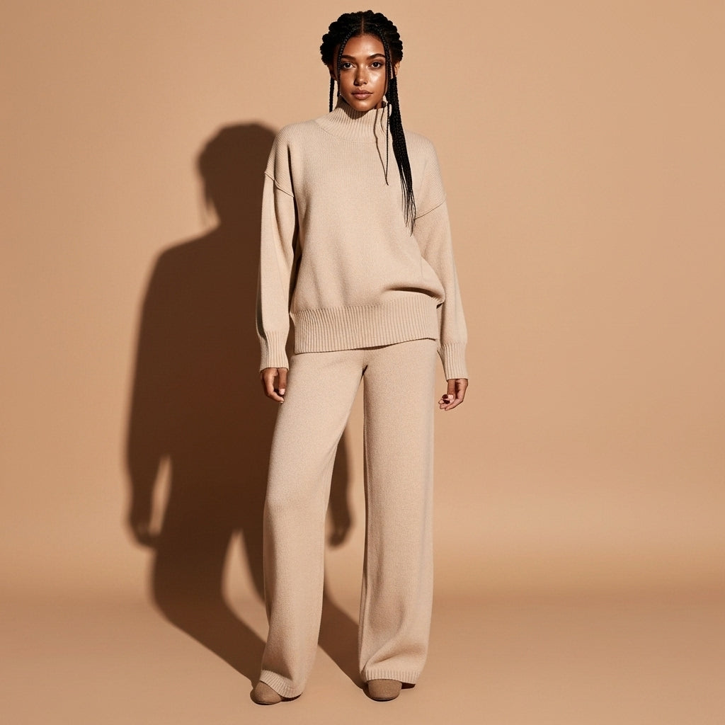 Knit co-ord set in camel worn by a standing model facing front, showing an oversized turtleneck sweater with dropped shoulders, ribbed cuffs and hem, relaxed straight body shape, matching wide-leg knit trousers, soft knit texture, and full-length legs falling to the floor