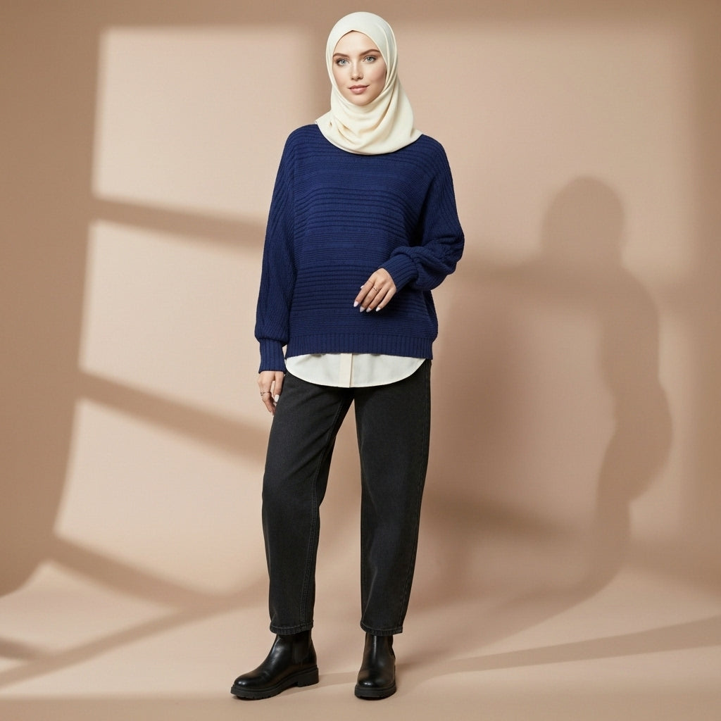 Crewneck knit jumper in blue worn by a standing hijabi model in front view, showing a relaxed fit, long sleeves, ribbed hem, and softly textured knit.