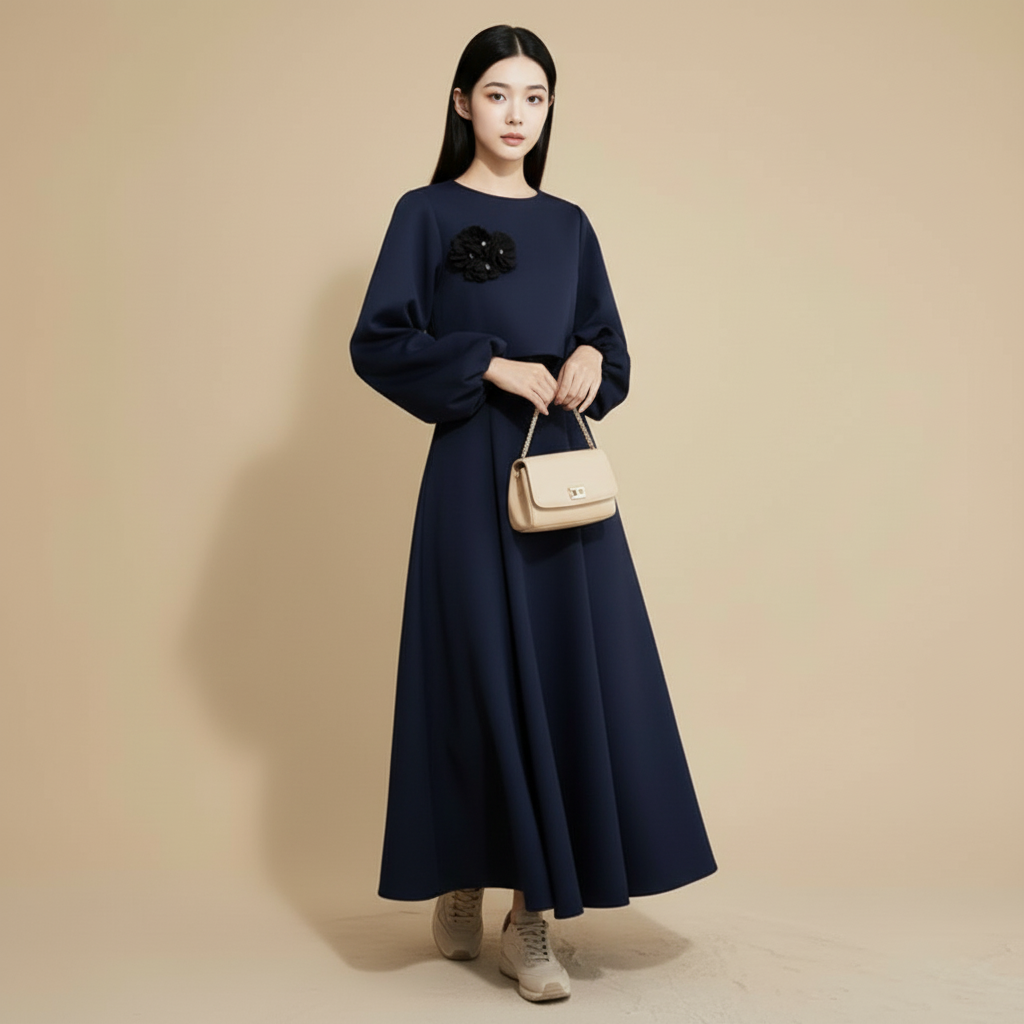 Skirt co-ord set in blue worn by a standing model, showing a flared full-length skirt, long balloon sleeves, cropped top silhouette, round neckline, and textured floral applique