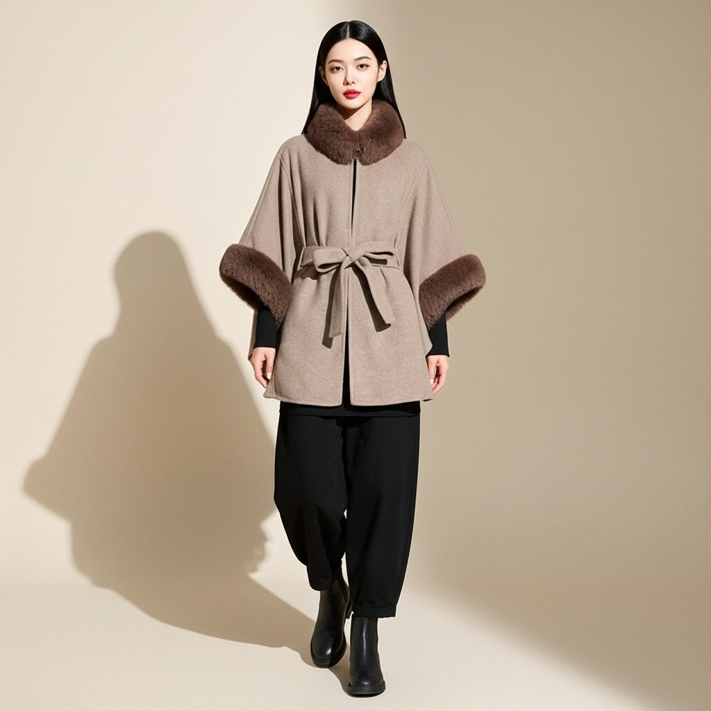 Cape coat with belt in Grey worn by a seated model, showing a relaxed cape shape, plush faux fur collar, wide batwing sleeves with fur cuffs, tied waist belt, and soft drape