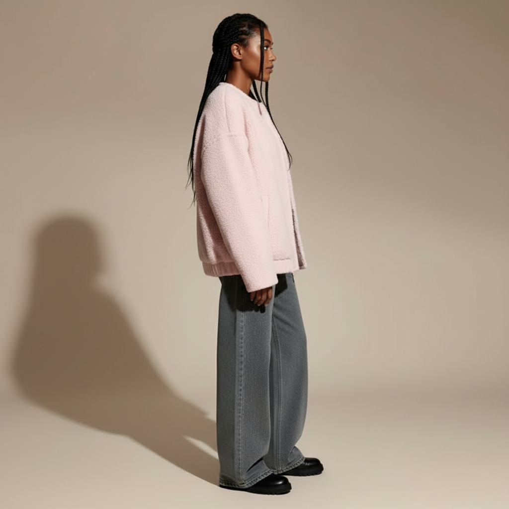 Boucle jacket in soft pink shown in side profile, showing a short boxy cut, straight sleeve line, clean neckline, and smooth structured drape