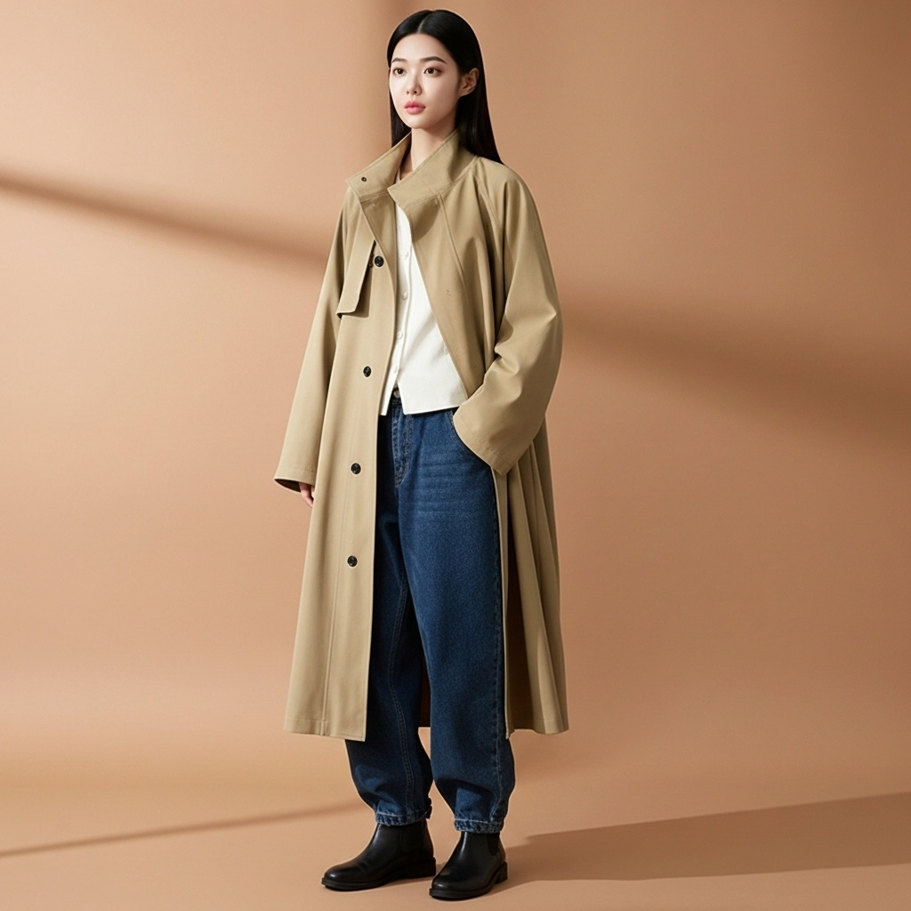 Longline trench coat in khaki worn by a standing model angled slightly to the side, showing a belted waist, stand collar, clean front panel, relaxed longline cut, full-length sleeves, and straight hemline over the legs