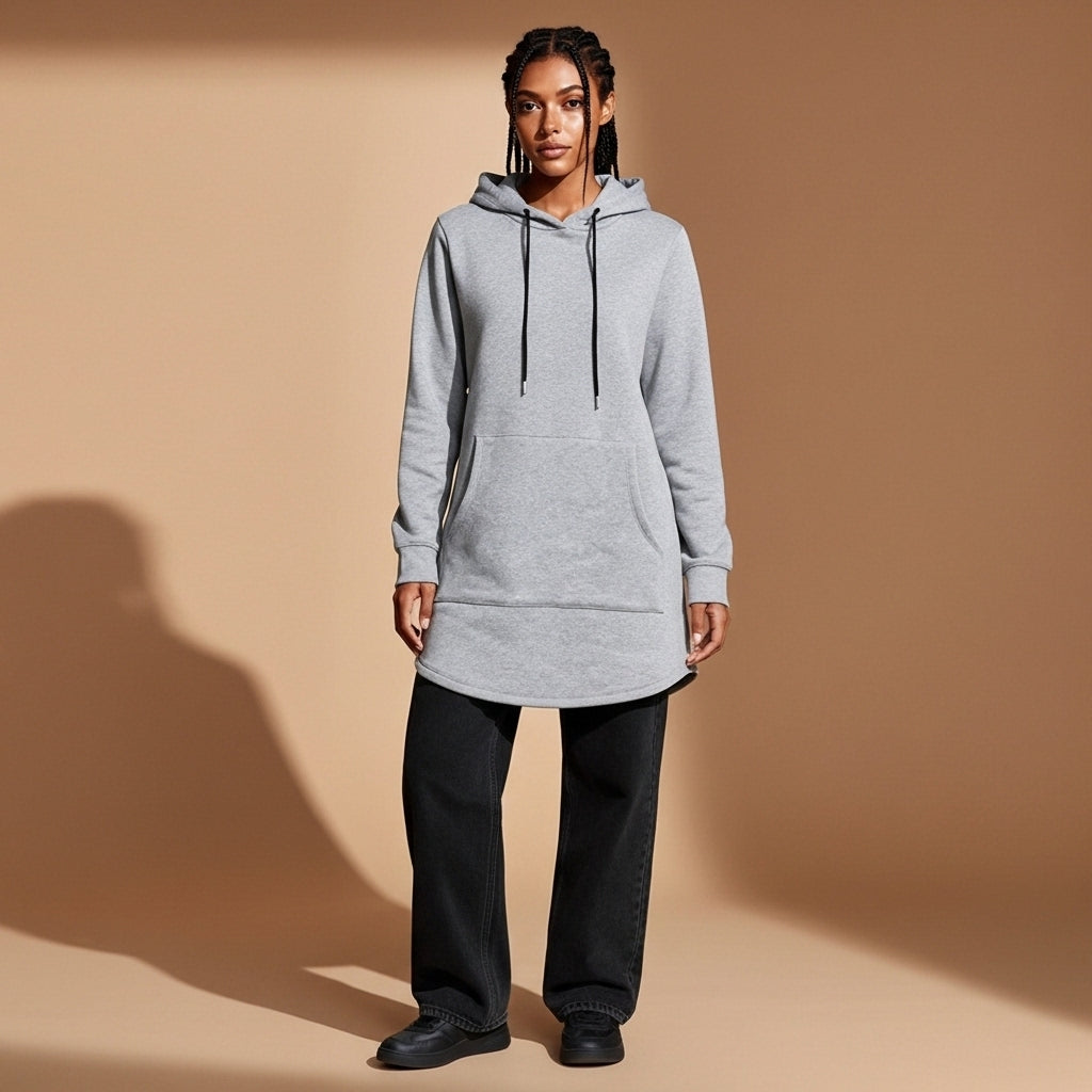 Longline hoodie in Grey worn by a standing model, showing an oversized fit, extended length, drawstring hood, long sleeves, and curved hemline