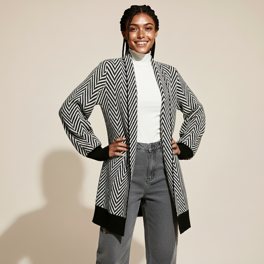 Chevron knit cardigan in black and white worn by a standing model with hands on hips, showing a long silhouette, graphic chevron pattern, ribbed hem, and open-front design