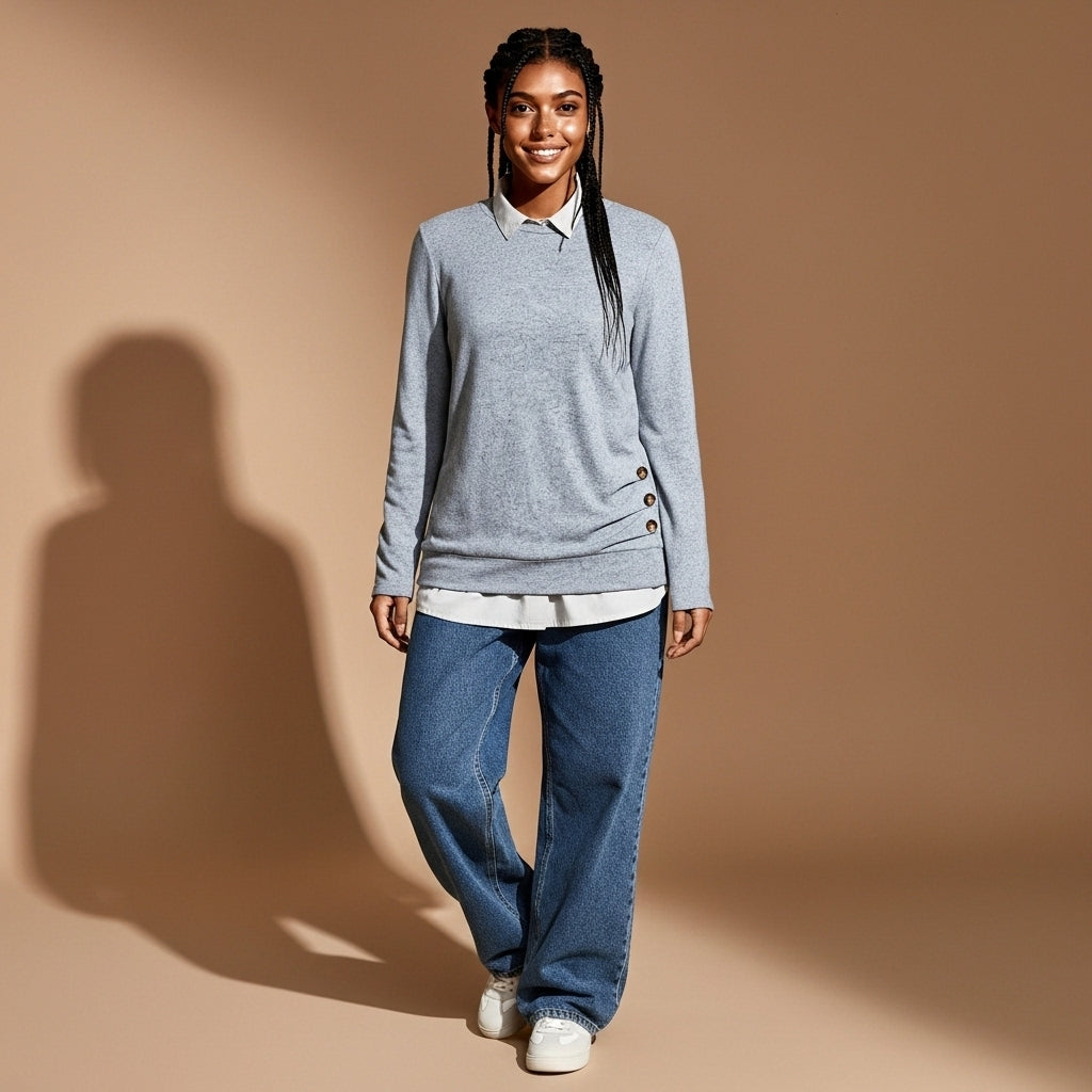 Long sleeve ruched top in light Grey worn by a standing model facing front, showing a smooth crew neckline, straight long sleeves, side-button ruched detailing at the hem, layered shirt-style underlay, and relaxed modest fit