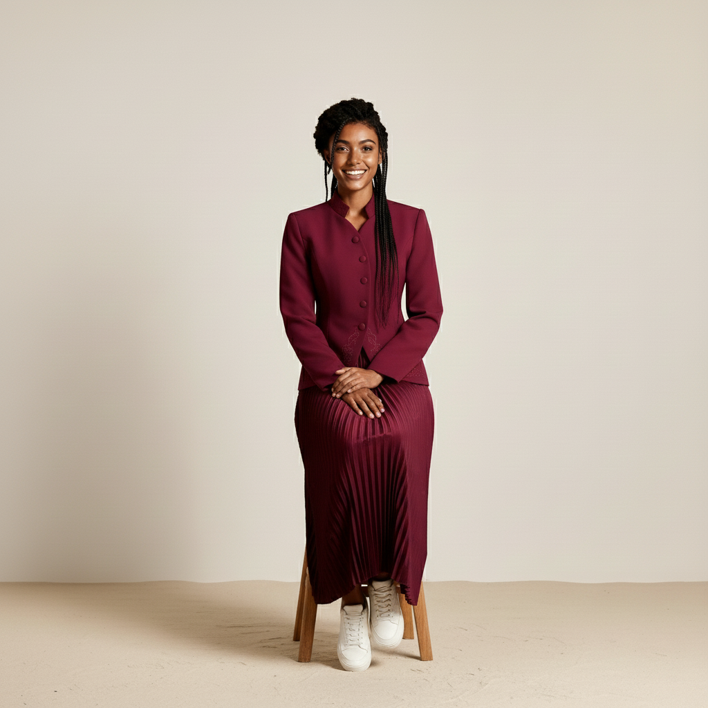 Skirt suit set in burgundy worn by a seated model, showing a fitted stand-collar jacket with front buttons, tailored waist shaping, and a flowing pleated maxi skirt