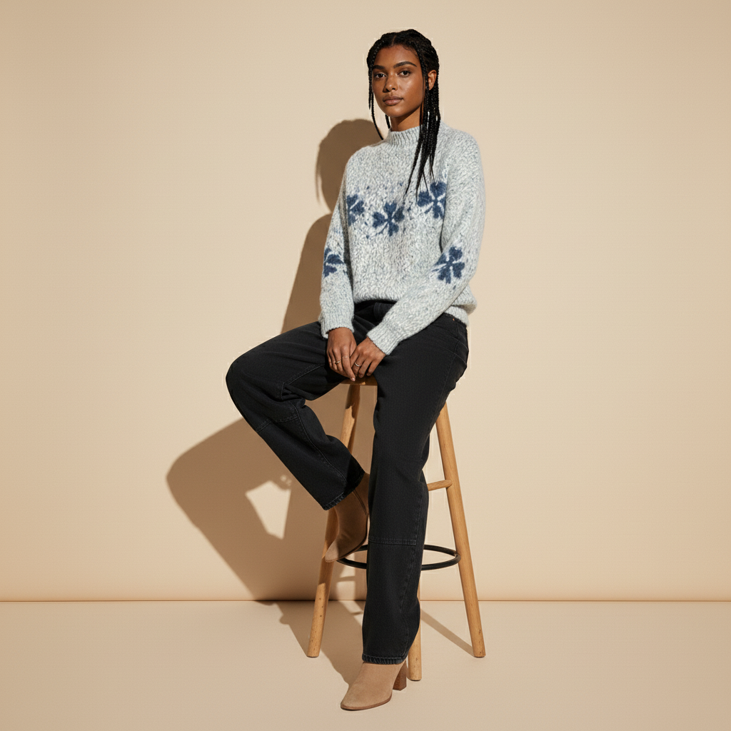 Mock neck snowflake jumper in light Grey worn by a seated model on a stool, showing blue jacquard snowflake pattern, thick knit texture, long sleeves, and relaxed fit.
