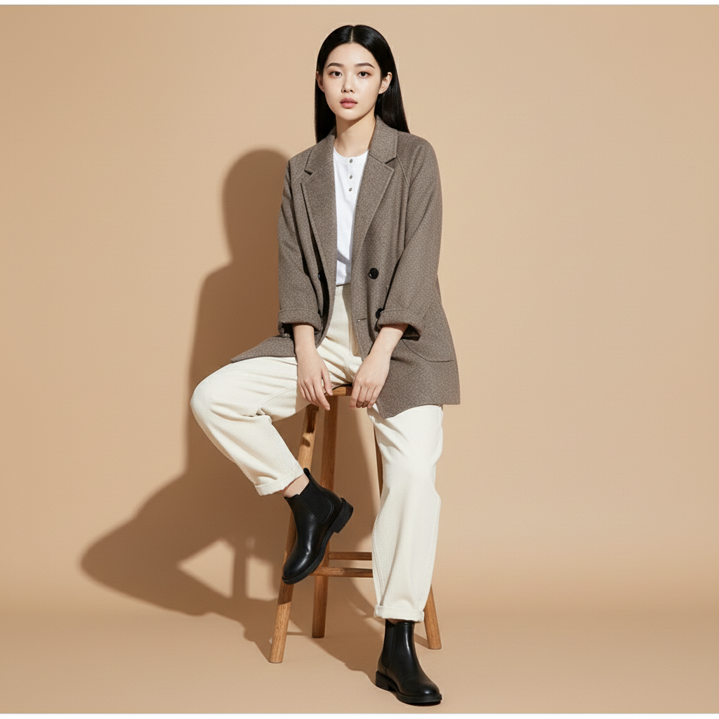 Short wool blend jacket in brown or dark coffee worn by a seated model, showing a soft boxy shape, double-breasted front, wide lapel neckline, long sleeves with folded cuffs, and smooth wool-look texture