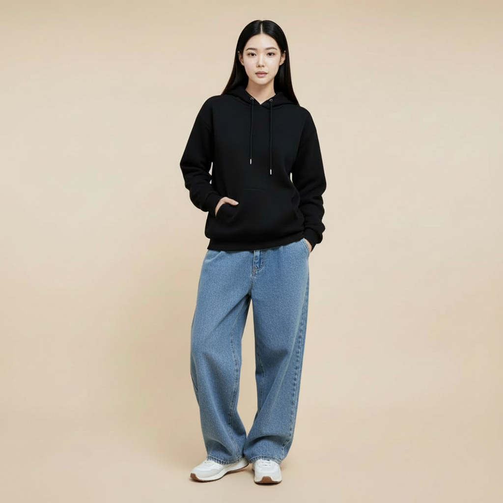 Loose fit hoodie in black worn by a standing model, showing an oversized fit, long sleeves, hooded neckline, drawstring detail, and kangaroo pocket