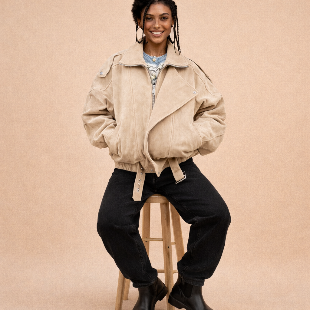 Faux suede jacket in light beige worn by a seated model facing front, showing a cropped silhouette, biker-inspired wide lapels, zip-front fastening, structured shoulders, smooth faux suede texture, adjustable waist tie, and relaxed fitted shape