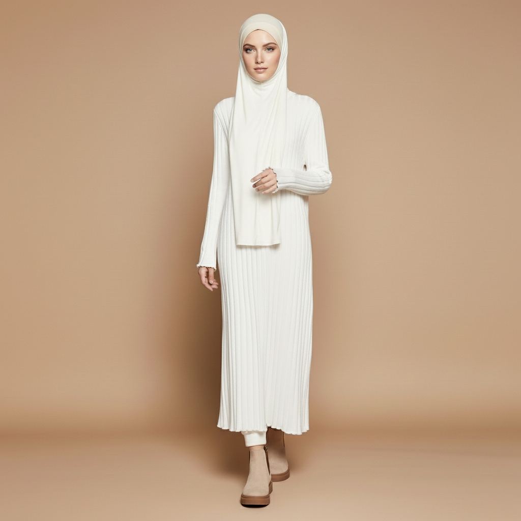 Rib knit maxi dress in beige worn by a standing hijabi model facing front, showing a crew neckline, long fitted sleeves, vertical ribbed texture, straight column silhouette, and floor-length hem