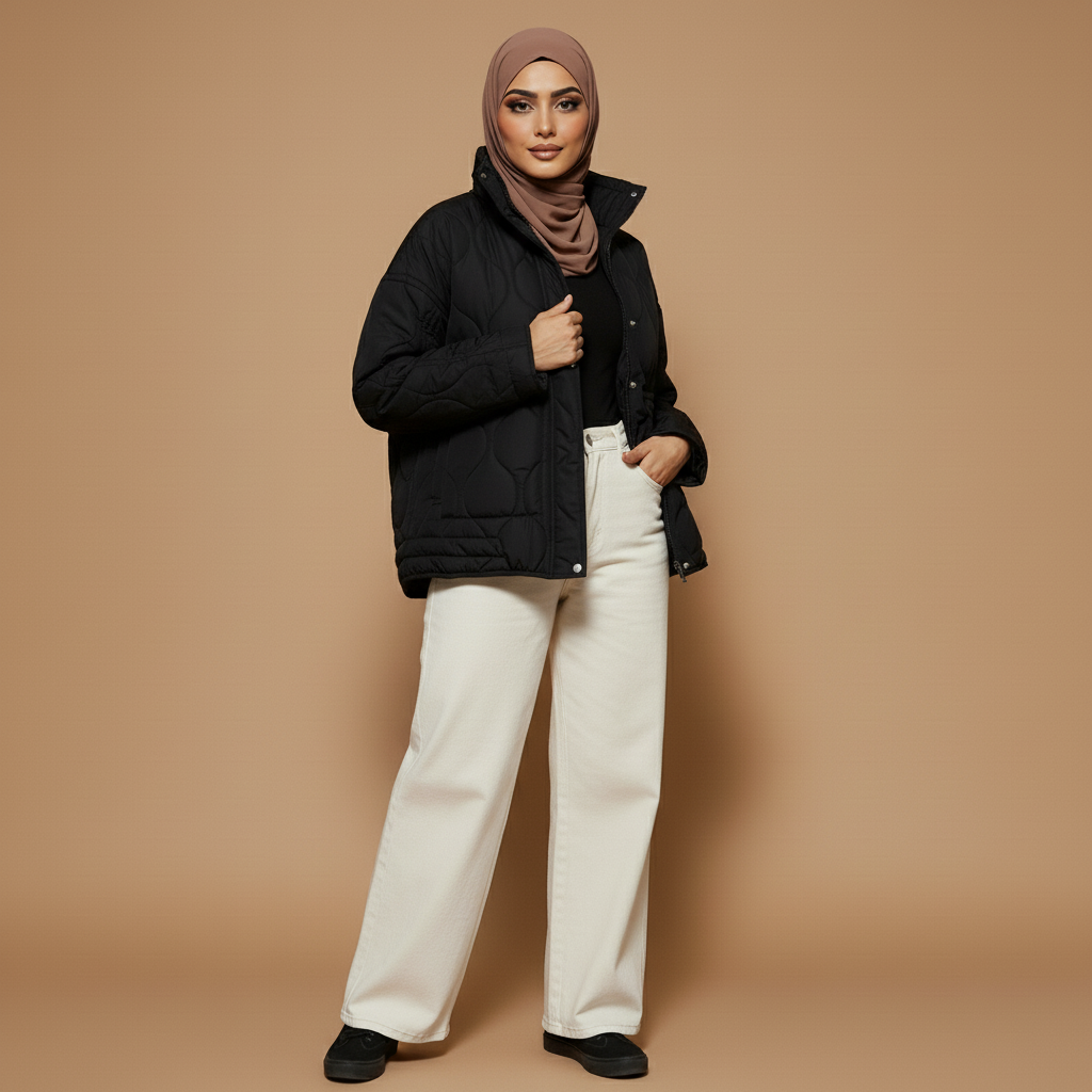 Quilted jacket in black worn by a standing hijabi model angled slightly to the side, showing a padded quilted texture, structured stand collar, relaxed oversized fit, long sleeves, front snap fastening, subtle side drawstrings, and hem ending at the upper hip