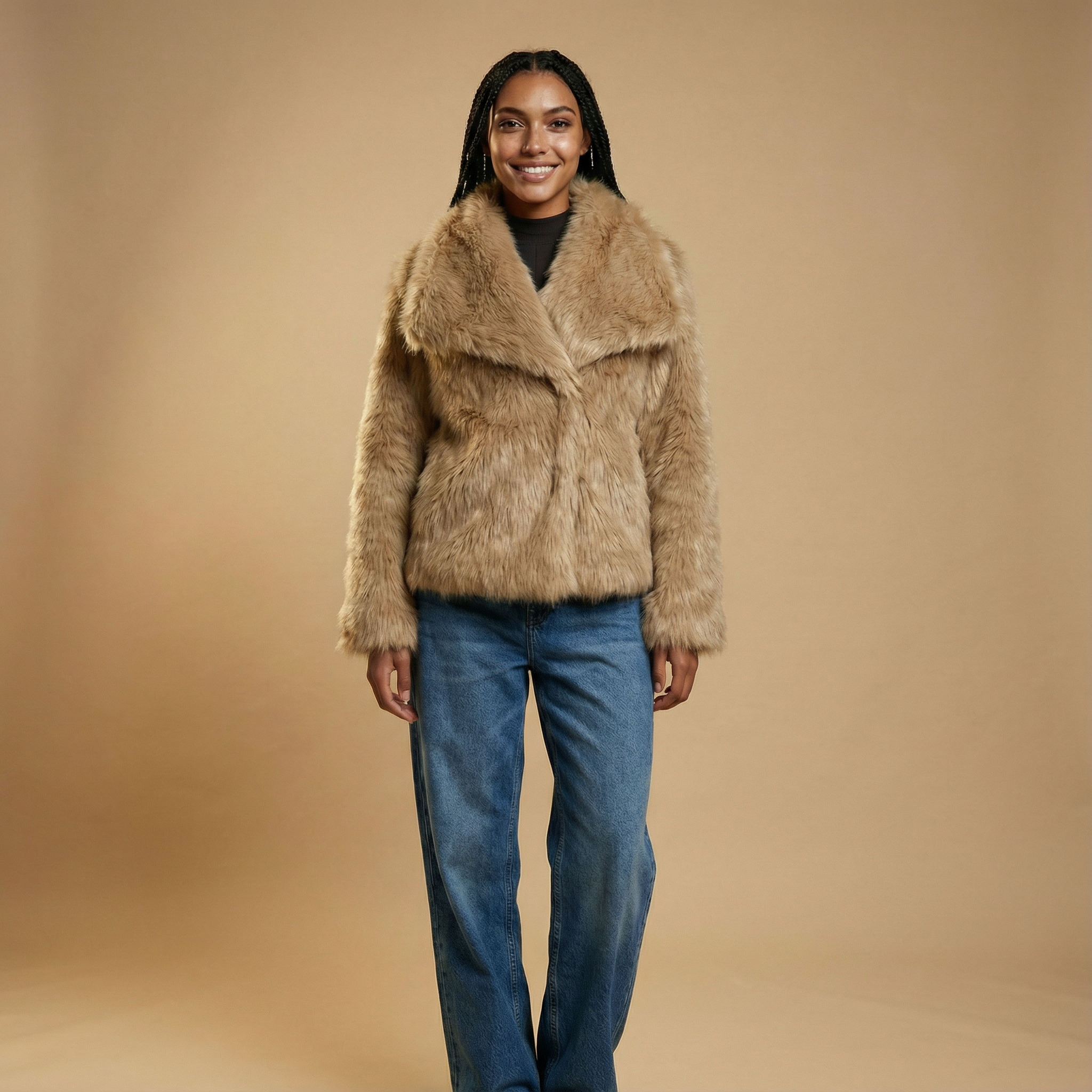 Cropped faux fur jacket in light tan worn by a standing model, showing a cropped length, soft faux fur surface, wide fold-over collar, long sleeves, and clean straight hem