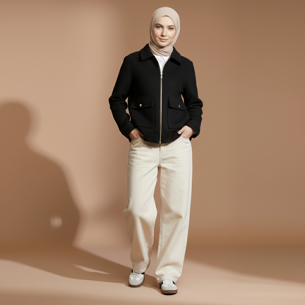 Cropped zip jacket in black worn by a standing model, showing a streamlined slim fit, pointed collar, zip front design, dual flap pockets, long sleeves, and structured silhouette