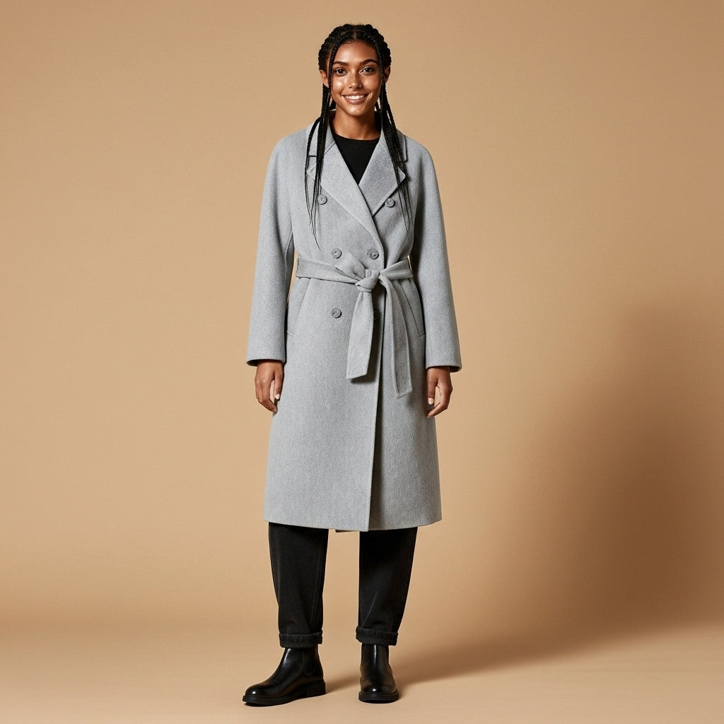 Wool blend longline coat in light Grey worn by a standing model facing front, showing a double-breasted button front, structured lapel collar, belted waist detail, straight longline silhouette, long sleeves, and hem extending below the knee