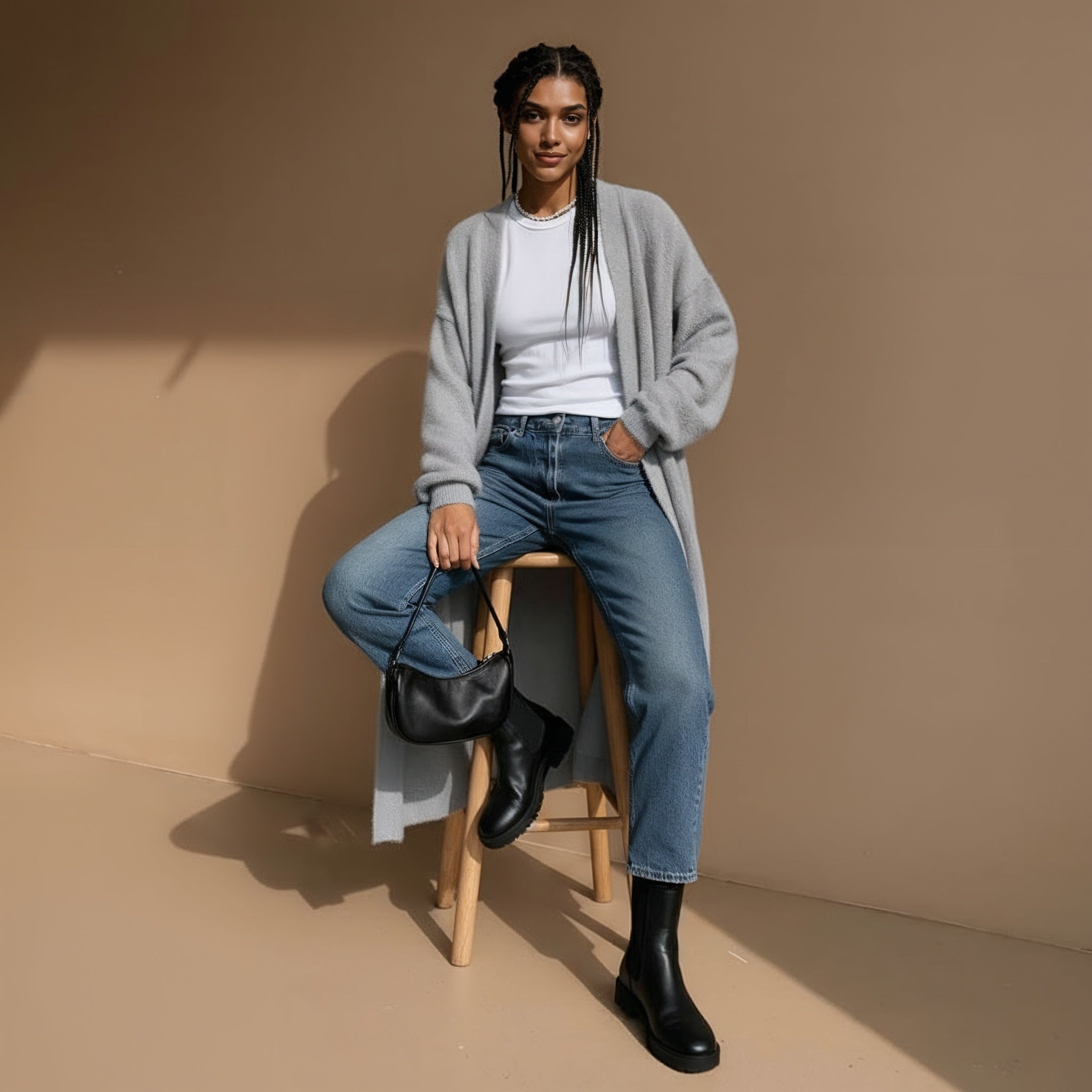 Longline knit cardigan in light Grey worn by a seated model, showing an open front, oversized drape, longline length, and relaxed sleeve shape