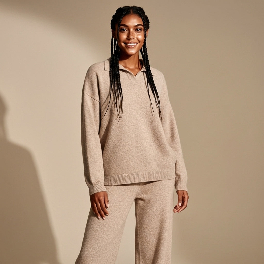 Knit co ord set in camel worn by a standing model facing front, showing a structured polo collar detail, relaxed sweater fit, straight wide leg trousers, fine knit texture, full-length legs, and hem resting close to the floor