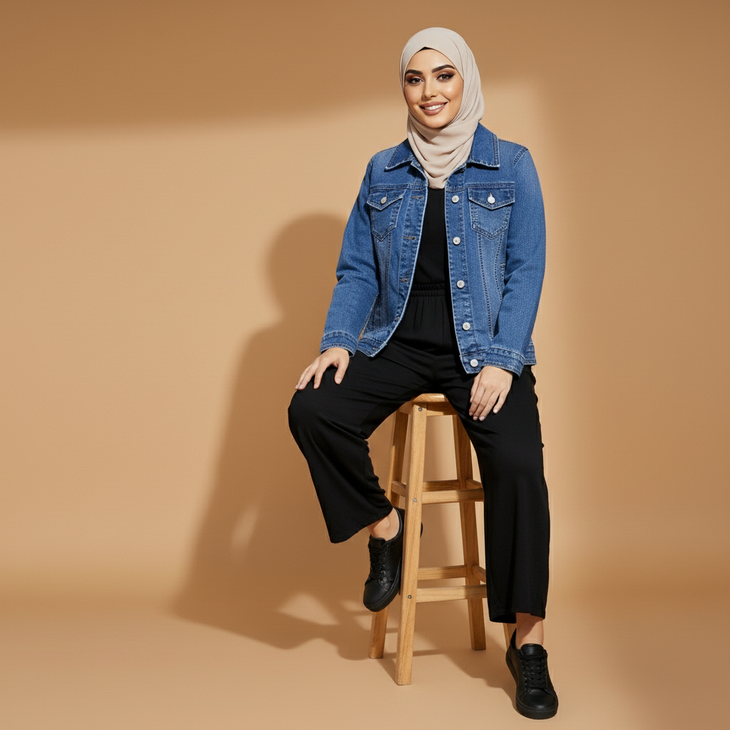 Denim jacket in dark blue worn by a seated model, showing a comfortable straight shape, button front design, turn-down collar, chest pockets, long sleeves, and smooth denim surface