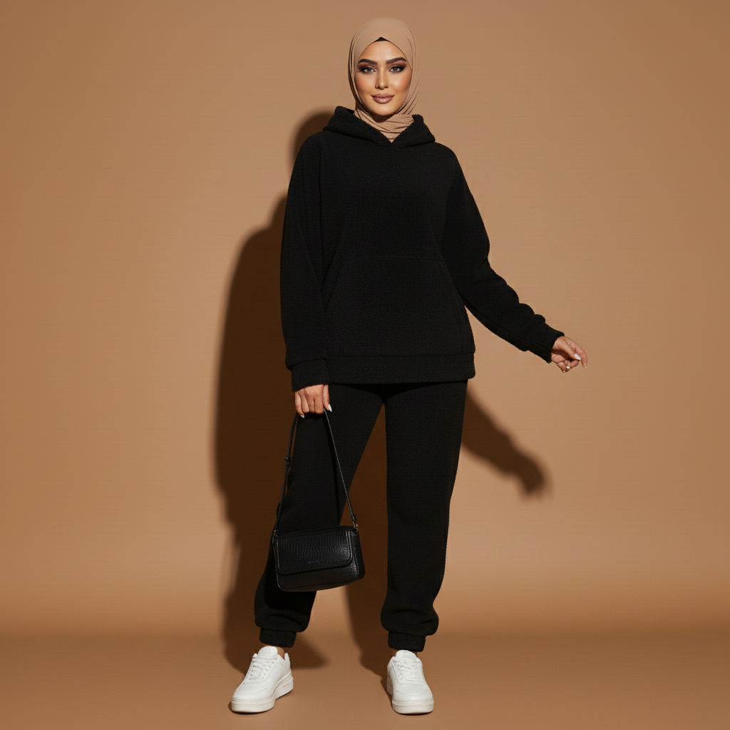 Co-ord loungewear set in black worn by a standing hijabi model facing front, showing an oversized fleece hoodie with relaxed shoulder seams, long sleeves, front kangaroo pocket, matching joggers with tapered elastic cuffs, full-length legs, and smooth monochrome silhouette